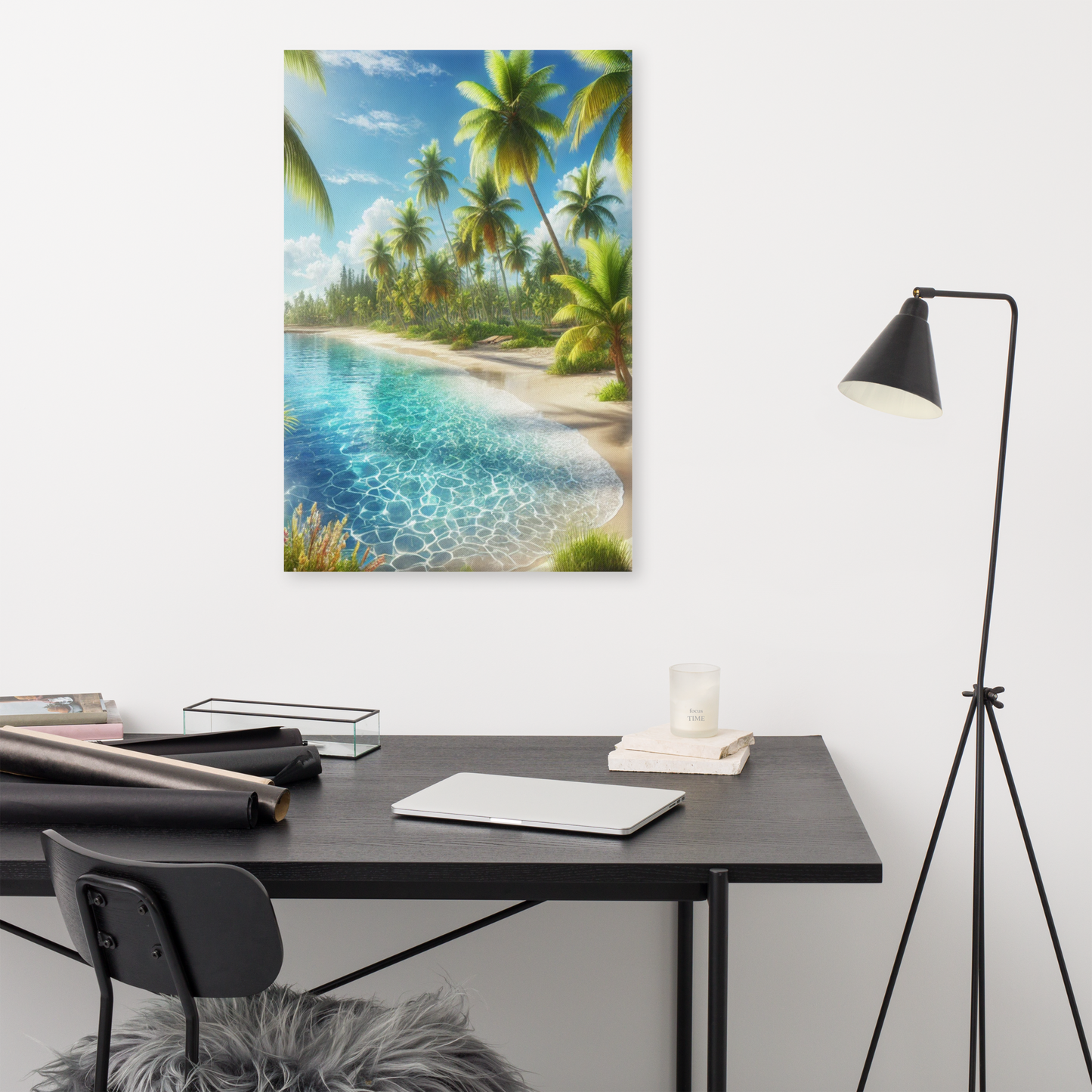Canvas Wanddecoratie - Rustgevend Strand met Heldere Zee en Palmbomen - Premium Kwaliteit