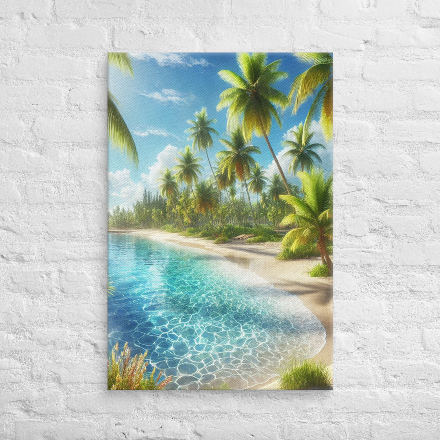 Canvas Wanddecoratie - Rustgevend Strand met Heldere Zee en Palmbomen - Premium Kwaliteit