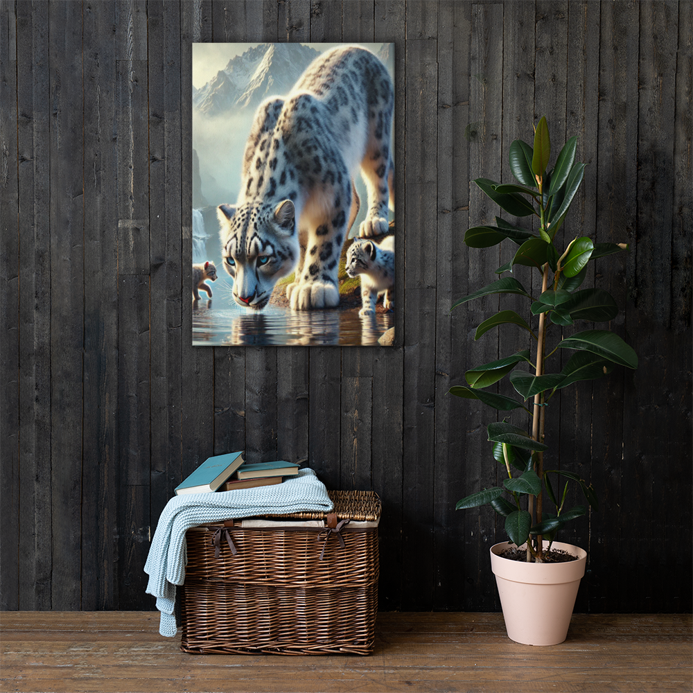 Premium Canvasprint van een Sneeuwluipaard - Hoge Kwaliteit, Handgemaakt op Massief Houten Frame - Verschillende Formaten