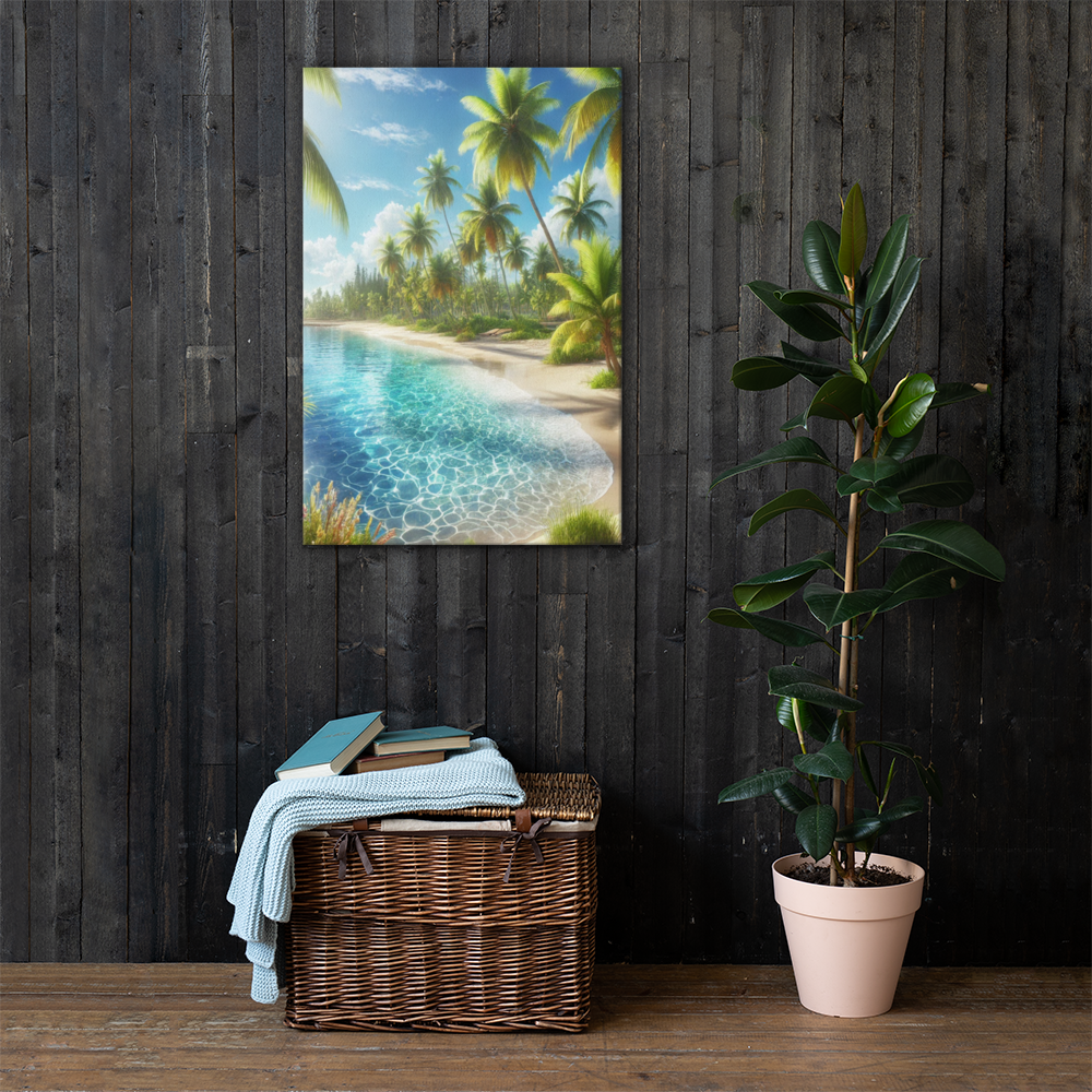 Canvas Wanddecoratie - Rustgevend Strand met Heldere Zee en Palmbomen - Premium Kwaliteit