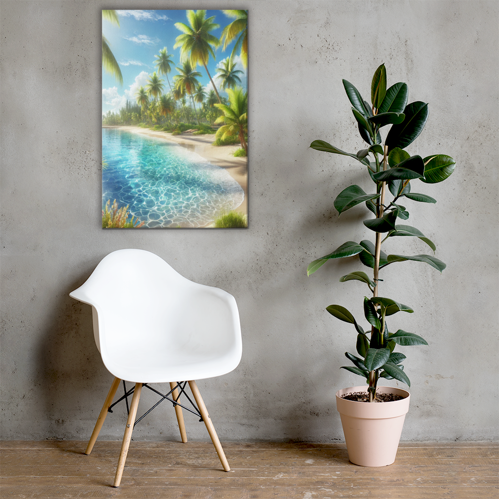 Canvas Wanddecoratie - Rustgevend Strand met Heldere Zee en Palmbomen - Premium Kwaliteit