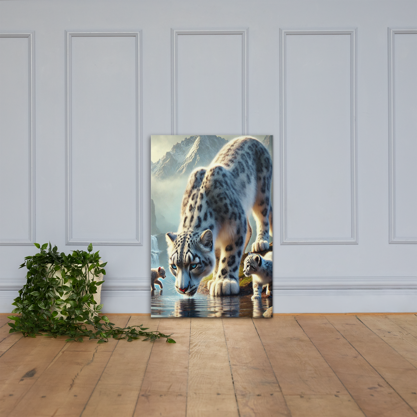 Premium Canvasprint van een Sneeuwluipaard - Hoge Kwaliteit, Handgemaakt op Massief Houten Frame - Verschillende Formaten