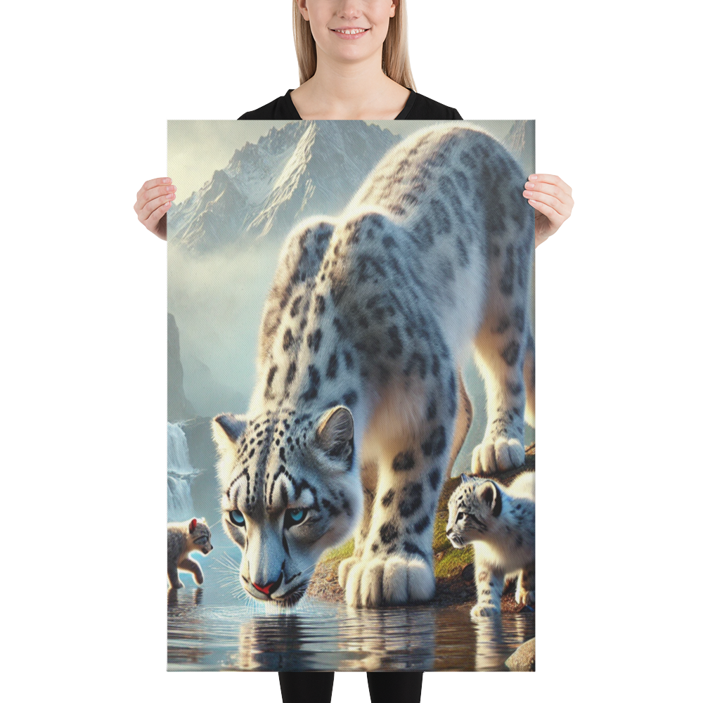 Premium Canvasprint van een Sneeuwluipaard - Hoge Kwaliteit, Handgemaakt op Massief Houten Frame - Verschillende Formaten