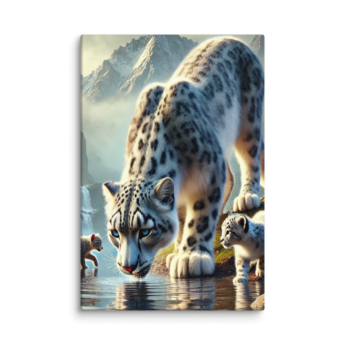 Premium Canvasprint van een Sneeuwluipaard - Hoge Kwaliteit, Handgemaakt op Massief Houten Frame - Verschillende Formaten