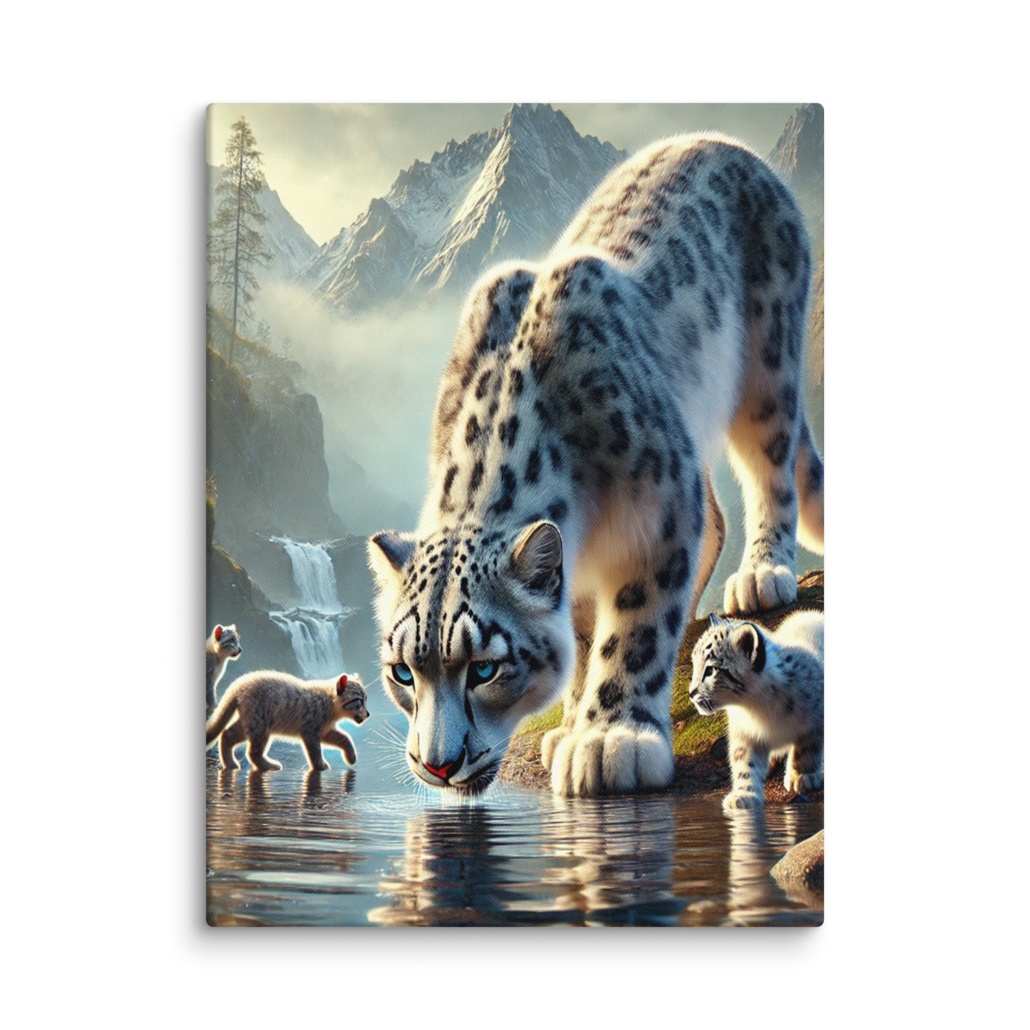 Premium Canvasprint van een Sneeuwluipaard - Hoge Kwaliteit, Handgemaakt op Massief Houten Frame - Verschillende Formaten
