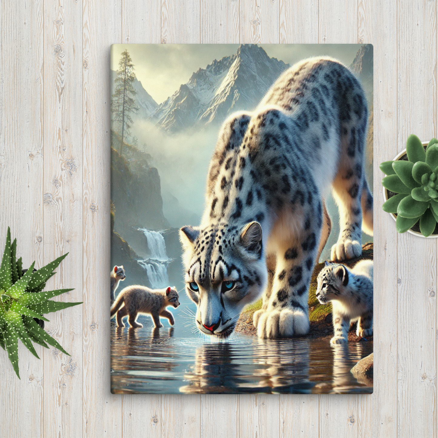 Premium Canvasprint van een Sneeuwluipaard - Hoge Kwaliteit, Handgemaakt op Massief Houten Frame - Verschillende Formaten