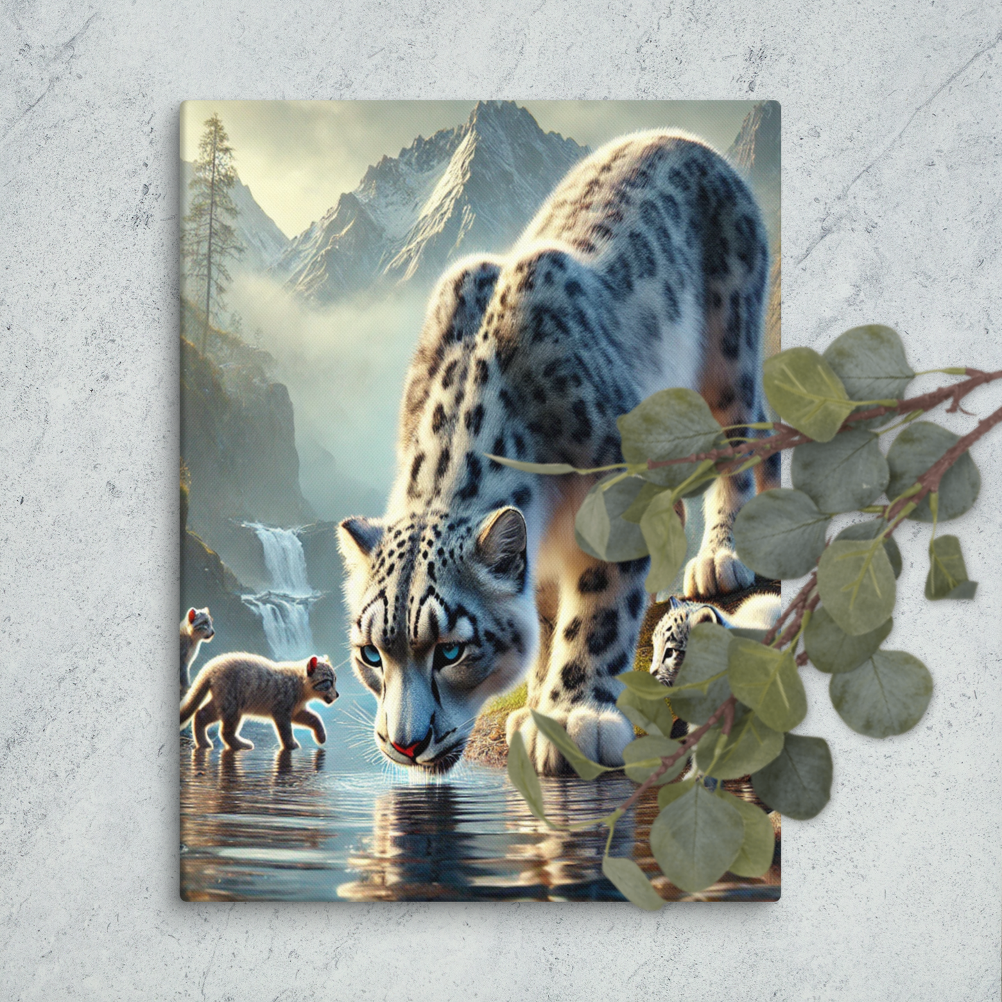 Premium Canvasprint van een Sneeuwluipaard - Hoge Kwaliteit, Handgemaakt op Massief Houten Frame - Verschillende Formaten