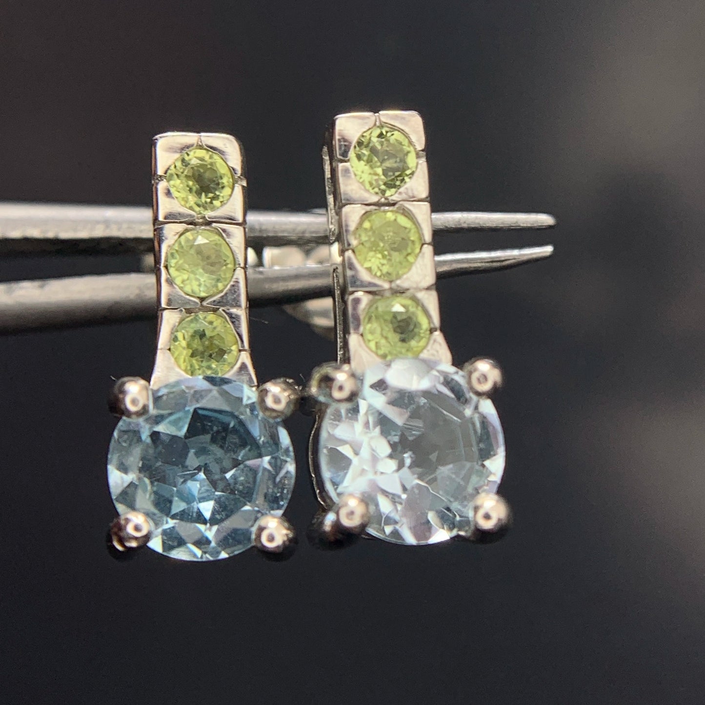 16.33CT Swiss Blue Topaz | Peridot Ear Studs in 925 Silver|Rhodium Plated