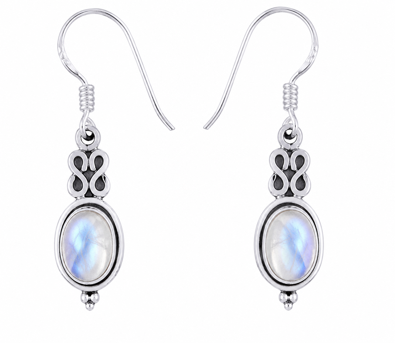 Handgemaakte oorbellen van 925 sterling zilver met ovale regenboogmaansteen