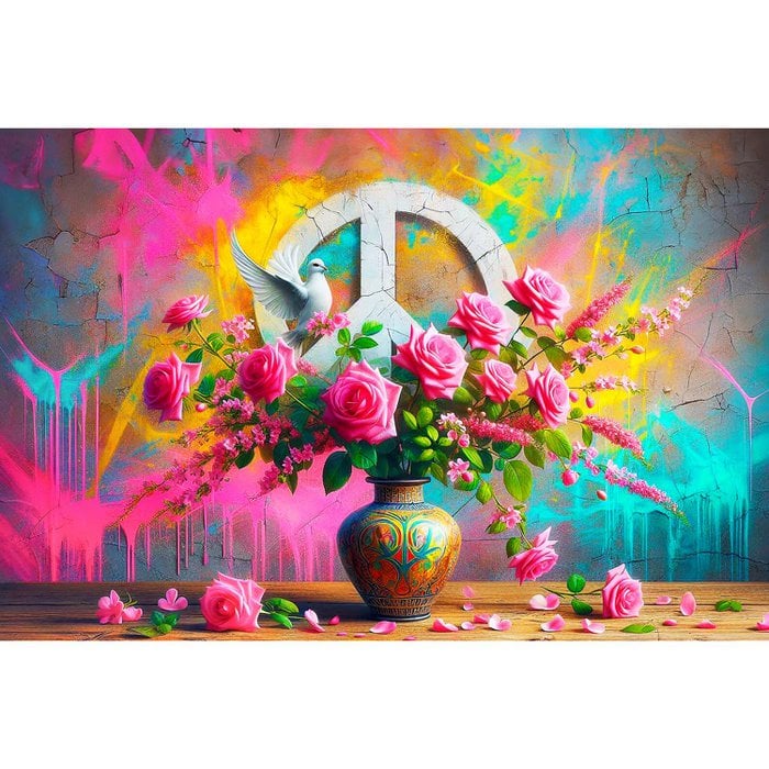 Prachtige Acrylglas Schilderij “Flowers, Peace & Color” – Bloemen, Vredesteken en Duif op Modern Kunstwerk