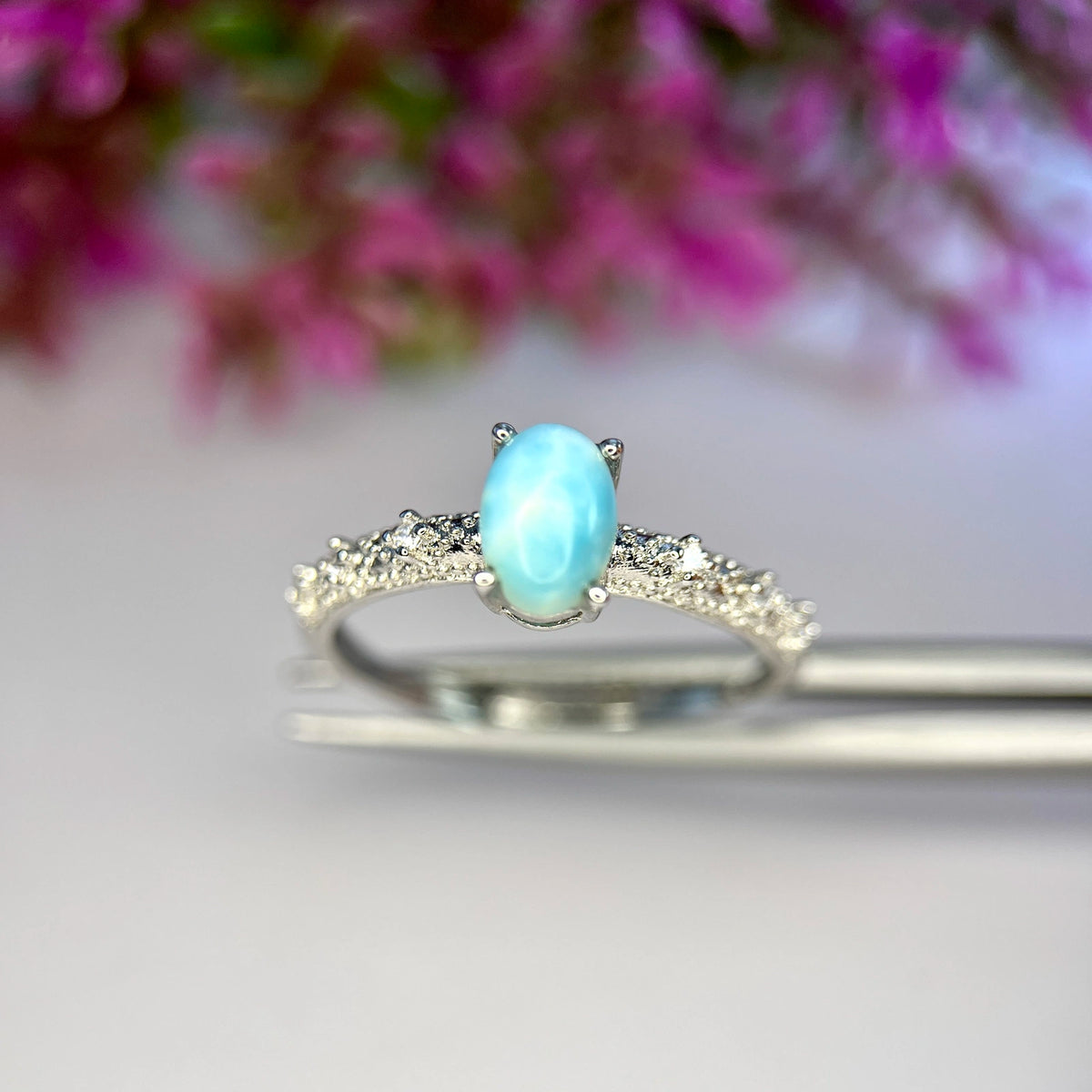 Natuurlijke Larimar Ring met Zirkonia – Rhodium Plated