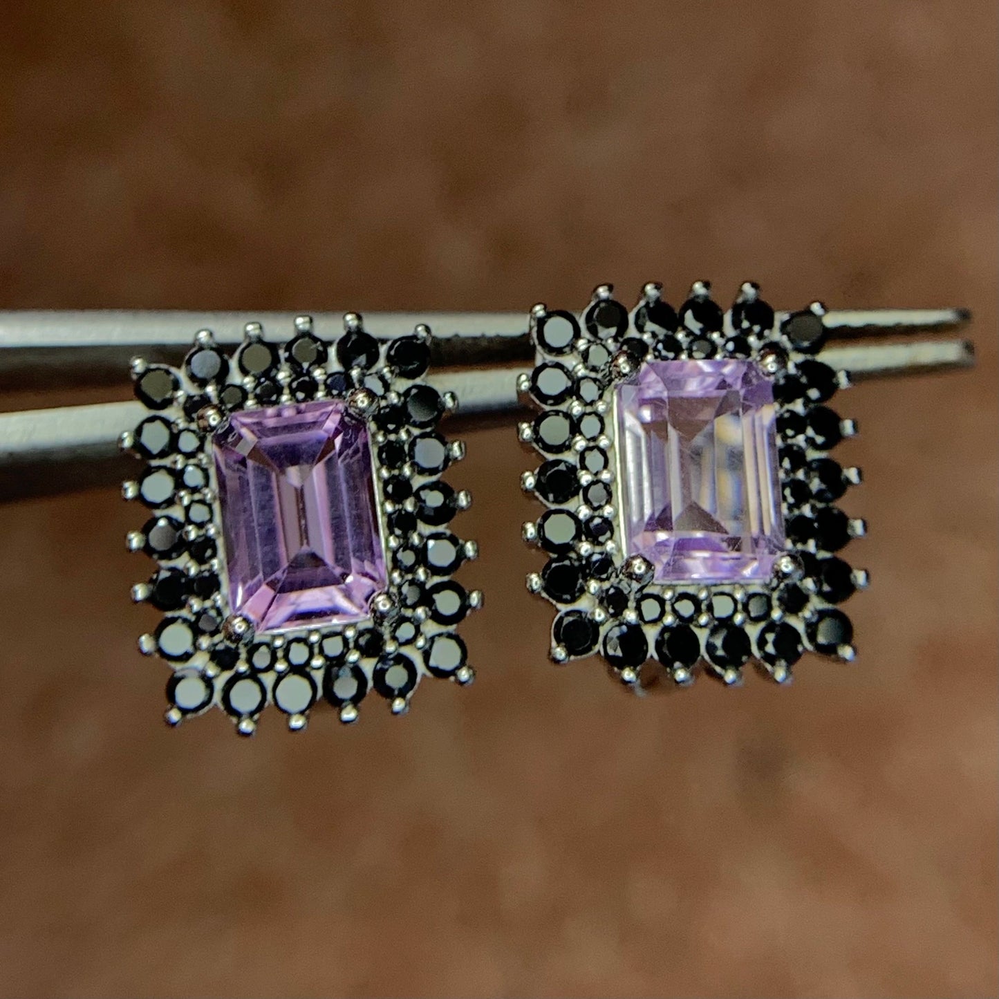 18.47CT Natural Amethyst with Spinel Ear Studs in 925 Silver with Rhodium