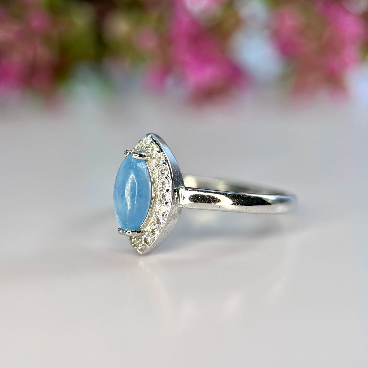 Natuurlijke Aquamarijn Ring met Zirkonia – Rhodium Plated