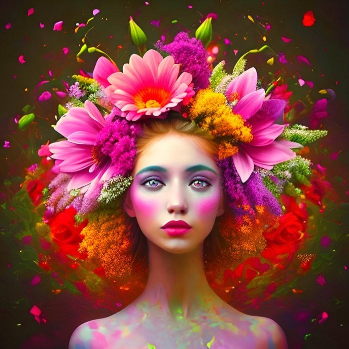 Prachtige Acrylglas Schilderij “Flower Woman I” – Vrouw met Bloemen in Haar