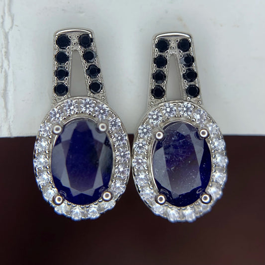 Natuurlijke Blauwe Saffier Oorstekers met Spinel – 925 Sterling Zilver – Rhodium Plated