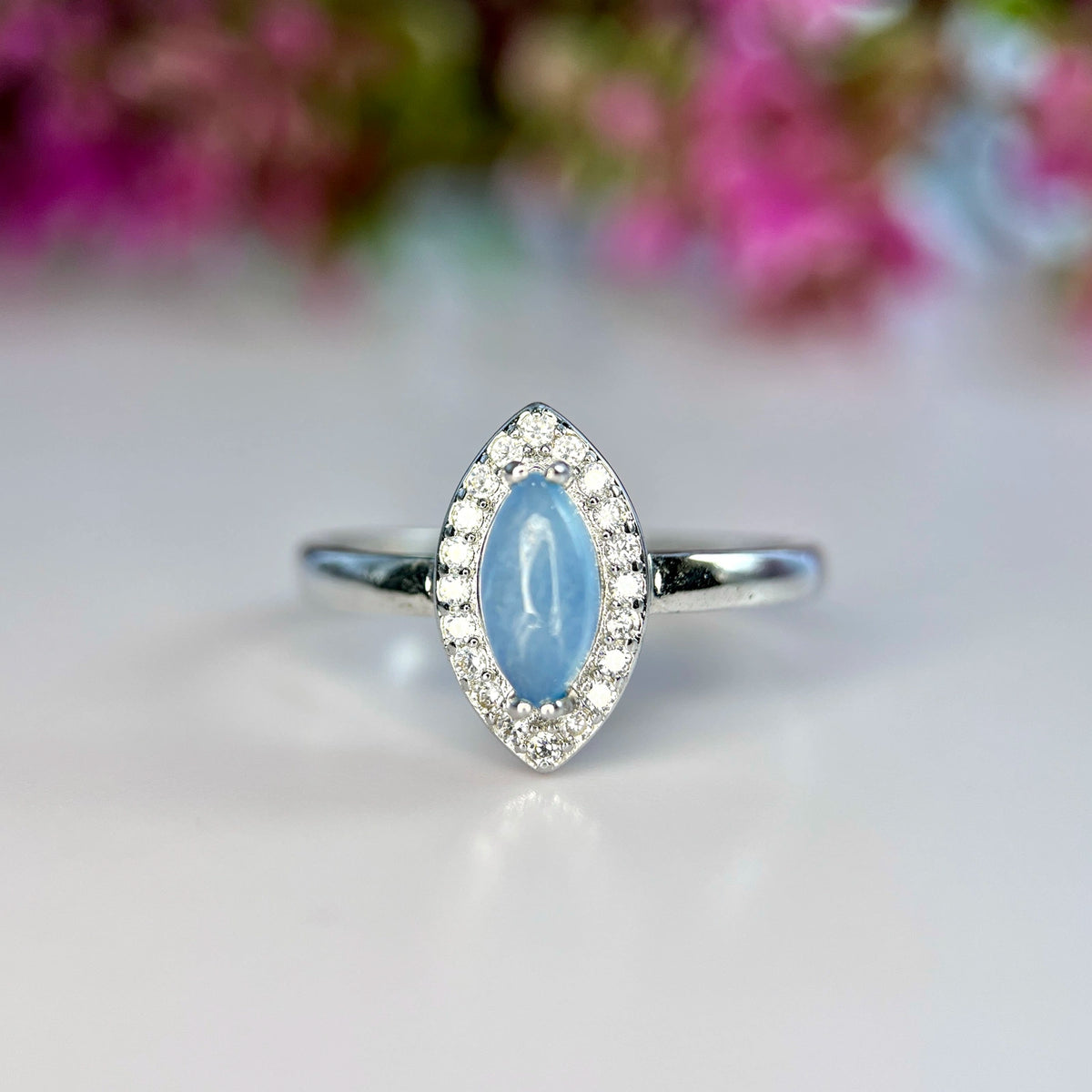 Natuurlijke Aquamarijn Ring met Zirkonia – Rhodium Plated