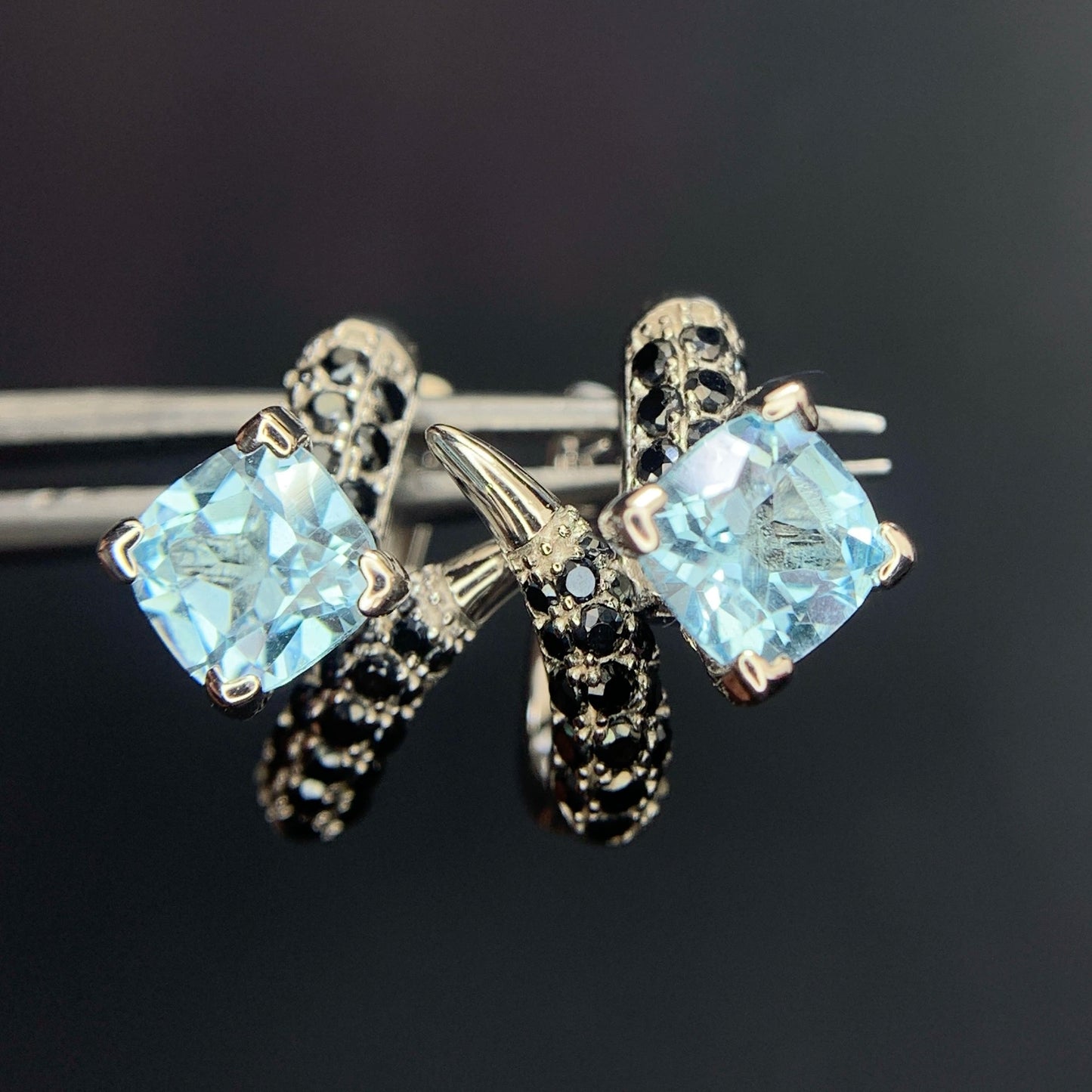 23.68CT Swiss Blue Topaz with Spinel Ear Studs in 925 Silver|Rhodium Plated