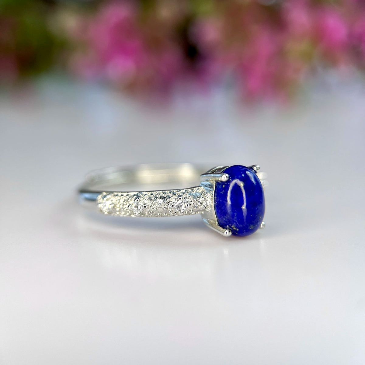 Natuurlijke Lapis Lazuli Ring met Zirkonia – Rhodium Plated