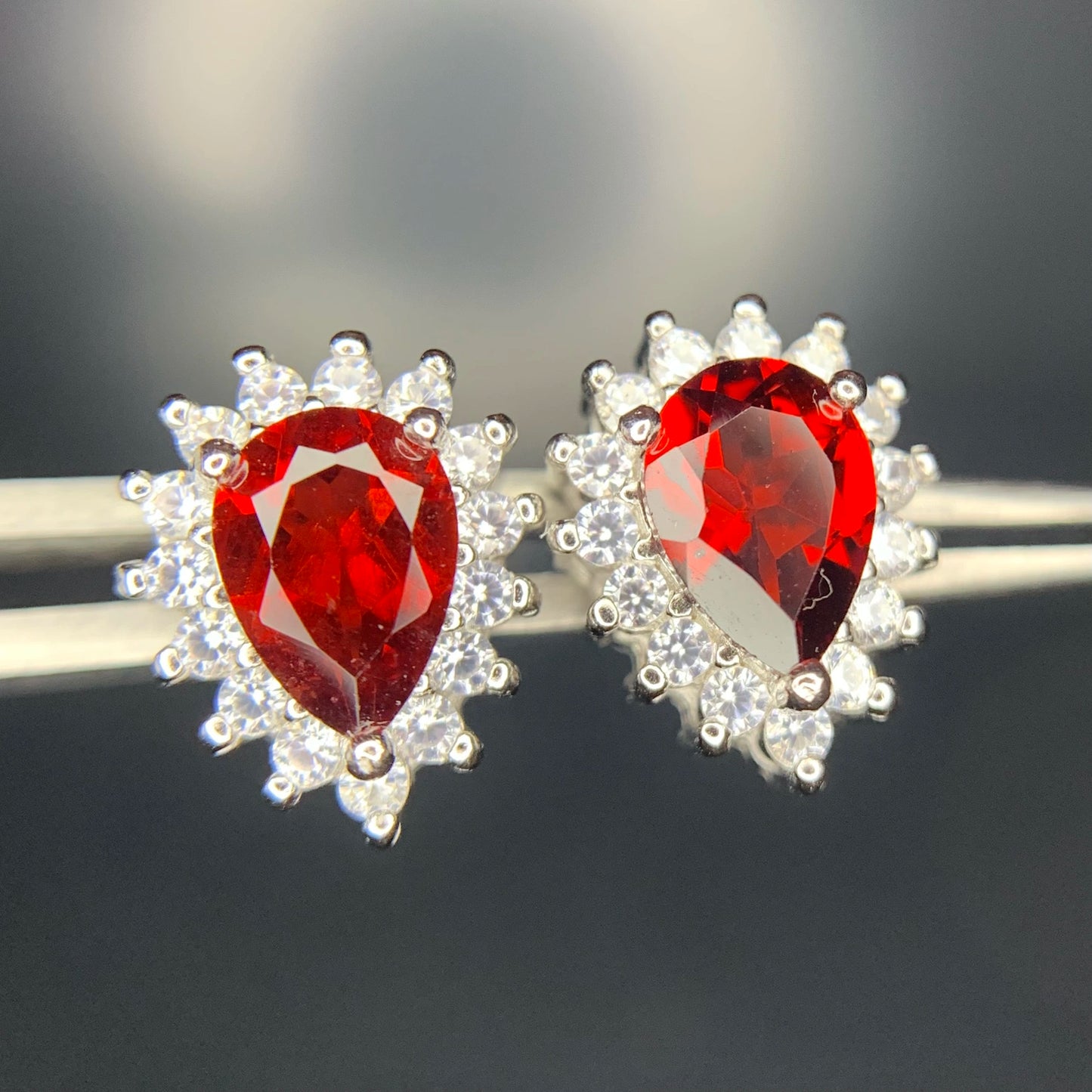 13.55CT Rhodolite Garnet with CZ Ear Studs in 925 Silver|Rhodium Plated