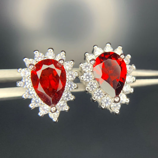 13.55CT Rhodolite Garnet with CZ Ear Studs in 925 Silver|Rhodium Plated