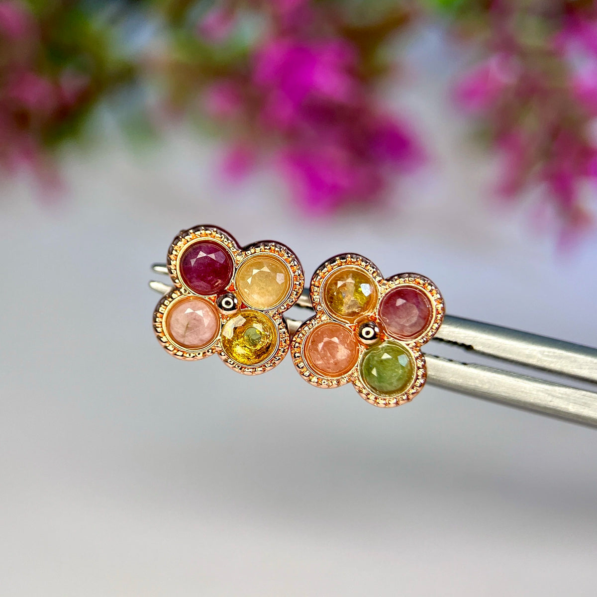 Natuurlijke Multi Tourmalijn Oorbellen – Rhodium Plated