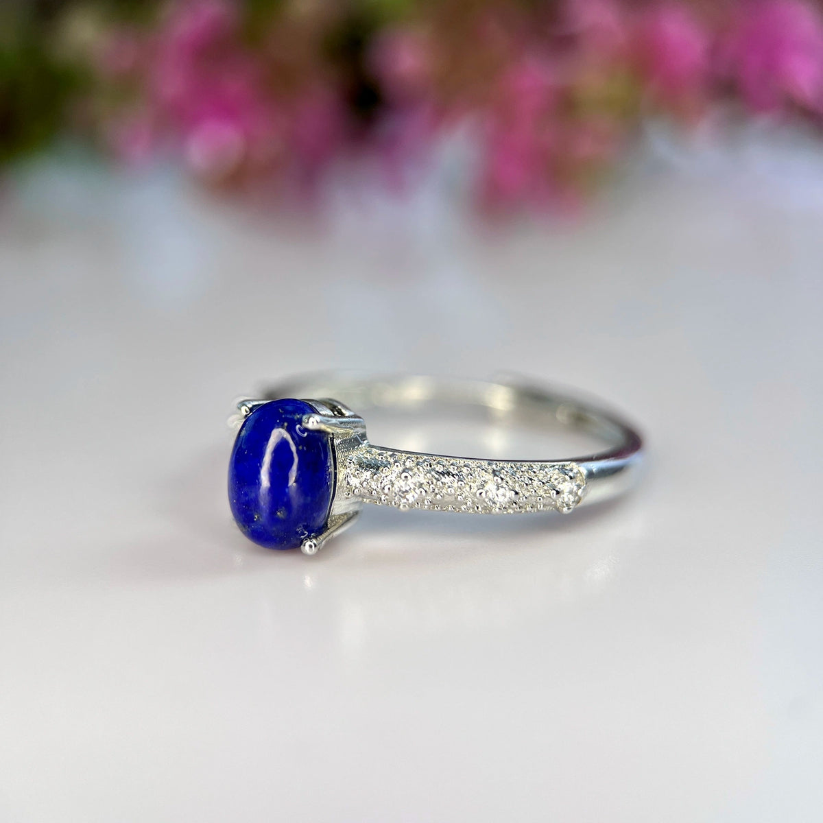 Natuurlijke Lapis Lazuli Ring met Zirkonia – Rhodium Plated
