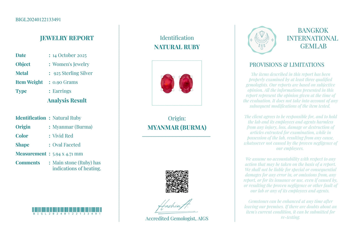 Gecertificeerde oorbellen met robijn – levendig rood, 925 sterling zilver