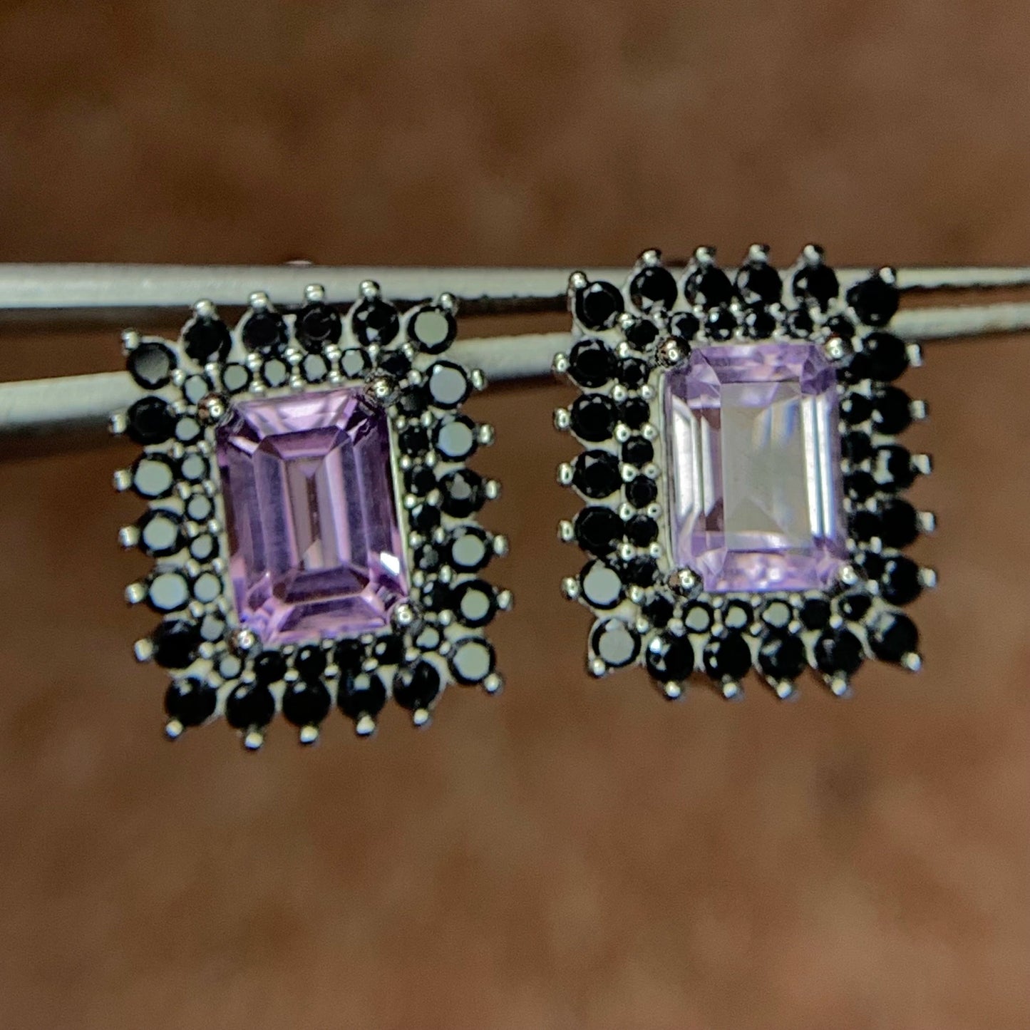 18.47CT Natural Amethyst with Spinel Ear Studs in 925 Silver with Rhodium