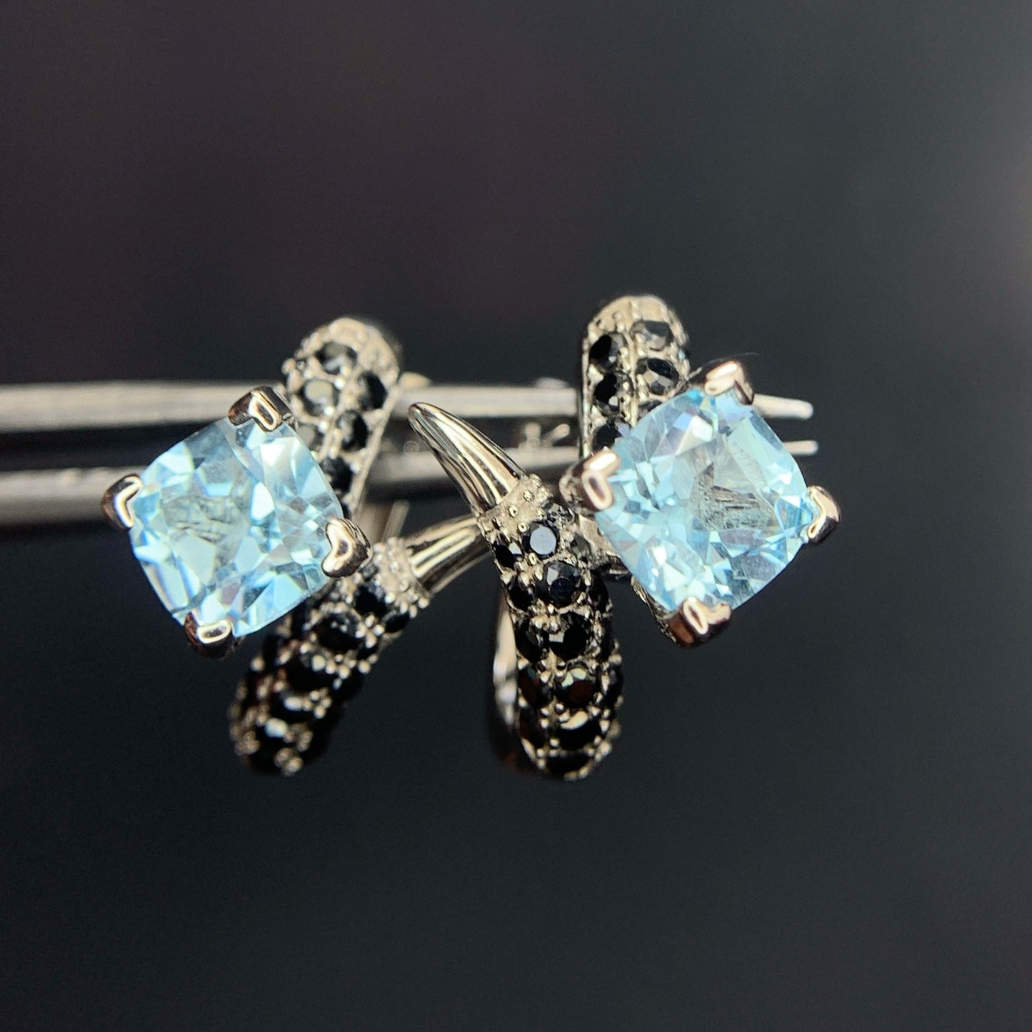 23.68CT Swiss Blue Topaz with Spinel Ear Studs in 925 Silver|Rhodium Plated
