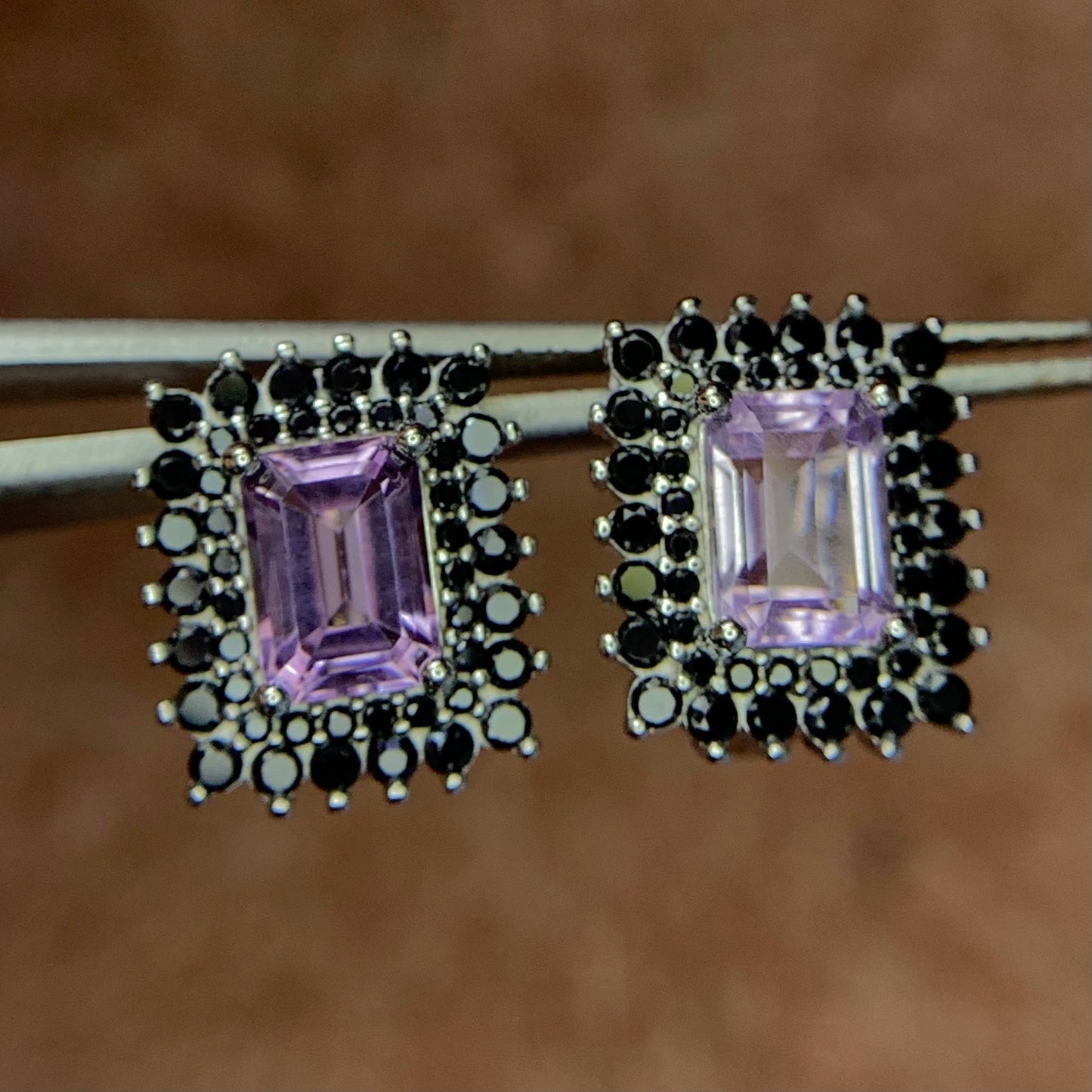 18.47CT Natural Amethyst with Spinel Ear Studs in 925 Silver with Rhodium