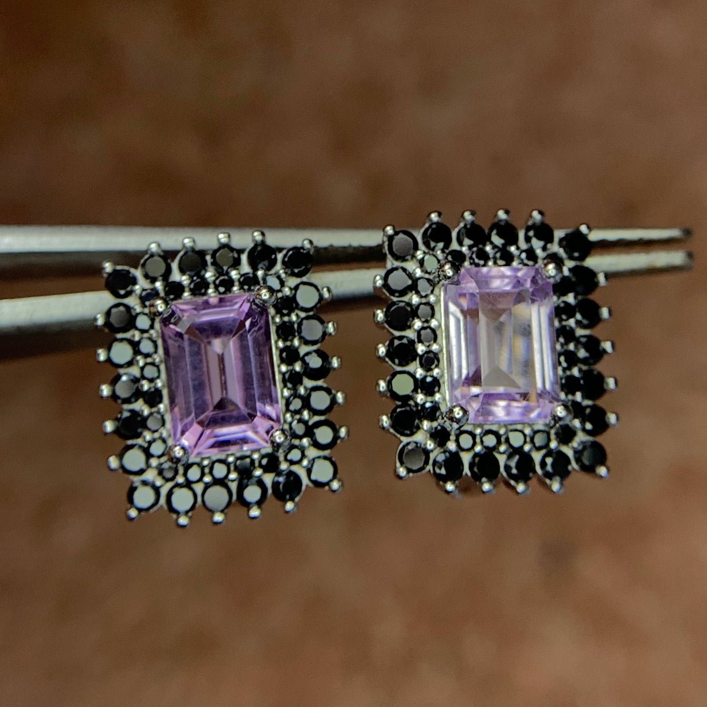 18.47CT Natural Amethyst with Spinel Ear Studs in 925 Silver with Rhodium