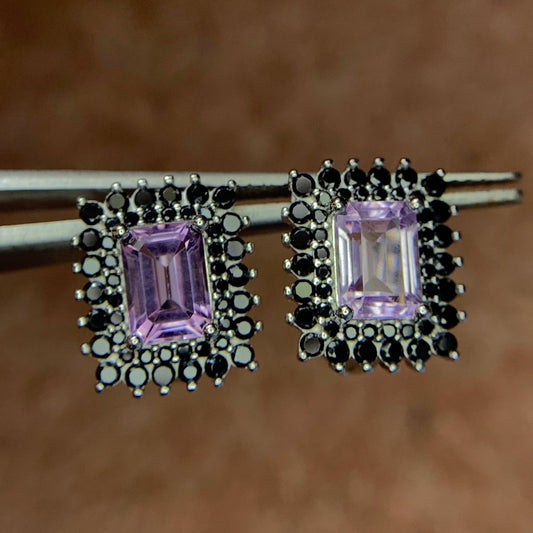 18.47CT Natural Amethyst with Spinel Ear Studs in 925 Silver with Rhodium