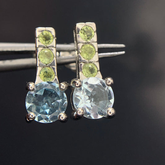 16.33CT Swiss Blue Topaz | Peridot Ear Studs in 925 Silver|Rhodium Plated