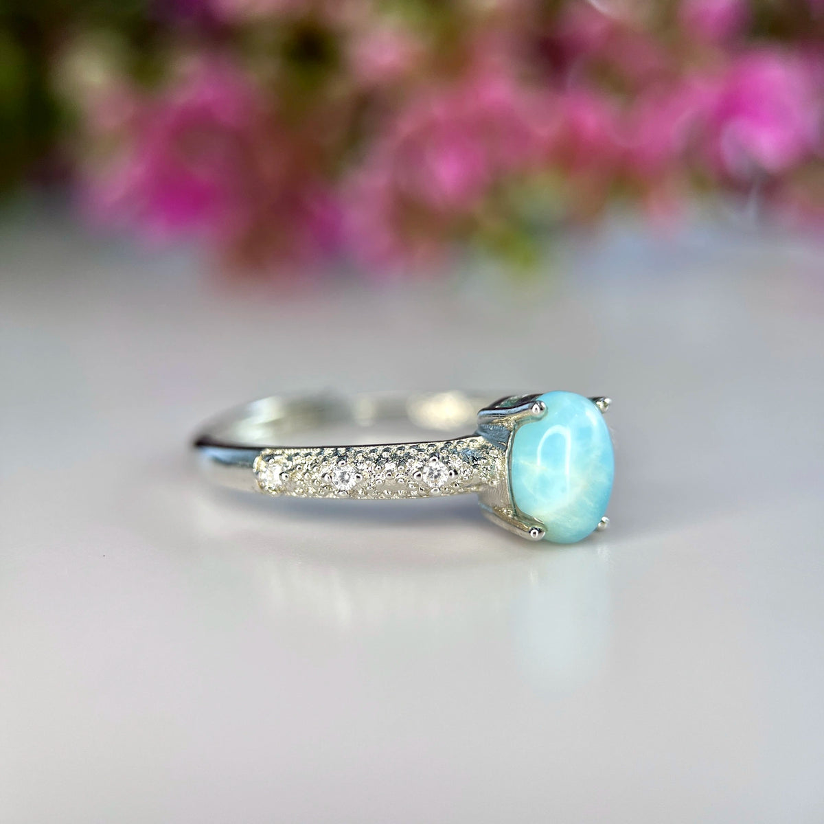 Natuurlijke Larimar Ring met Zirkonia – Rhodium Plated