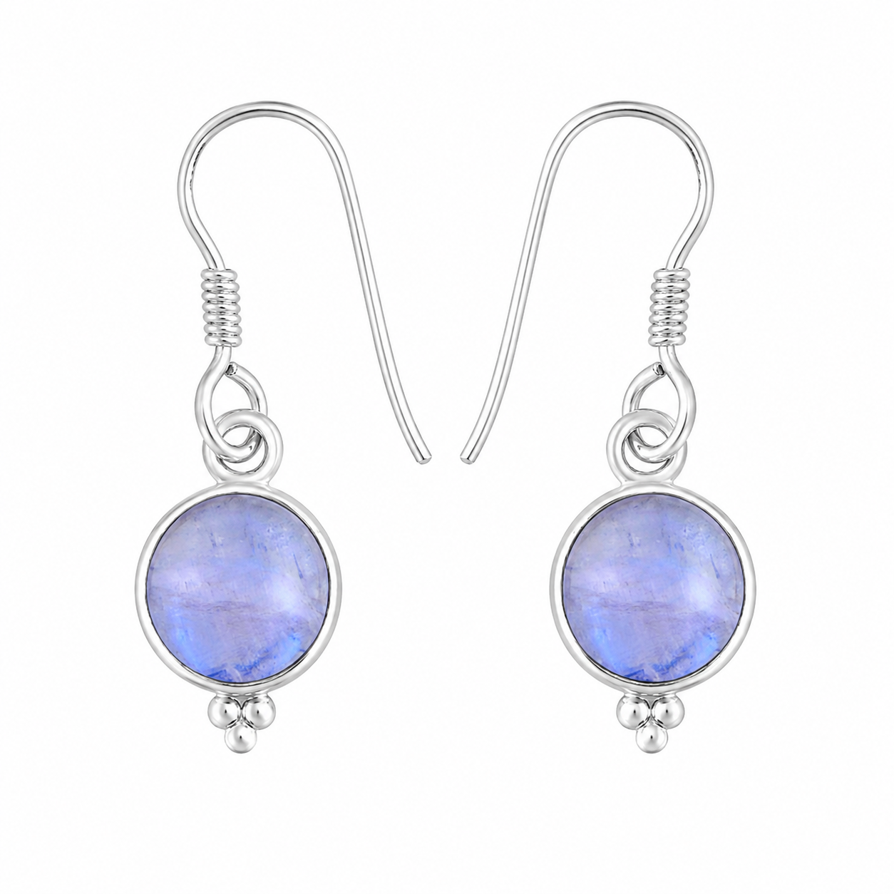 Oorbellen van 925 sterling zilver met ronde regenboogmaansteen en rawawerk