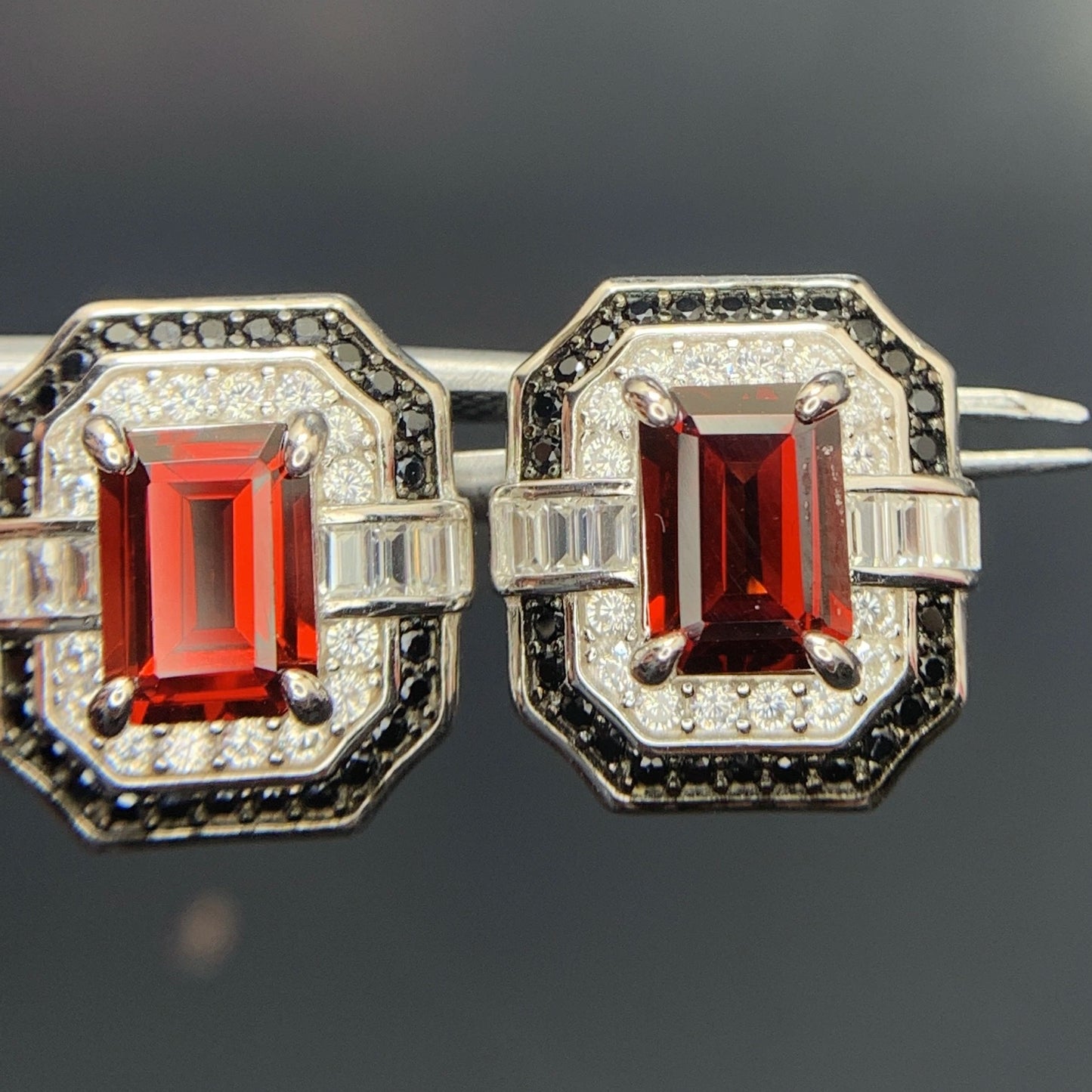 25.64 CT Natural Garnet with Spinel Ear Studs in 925 Silver|Rhodium Plated