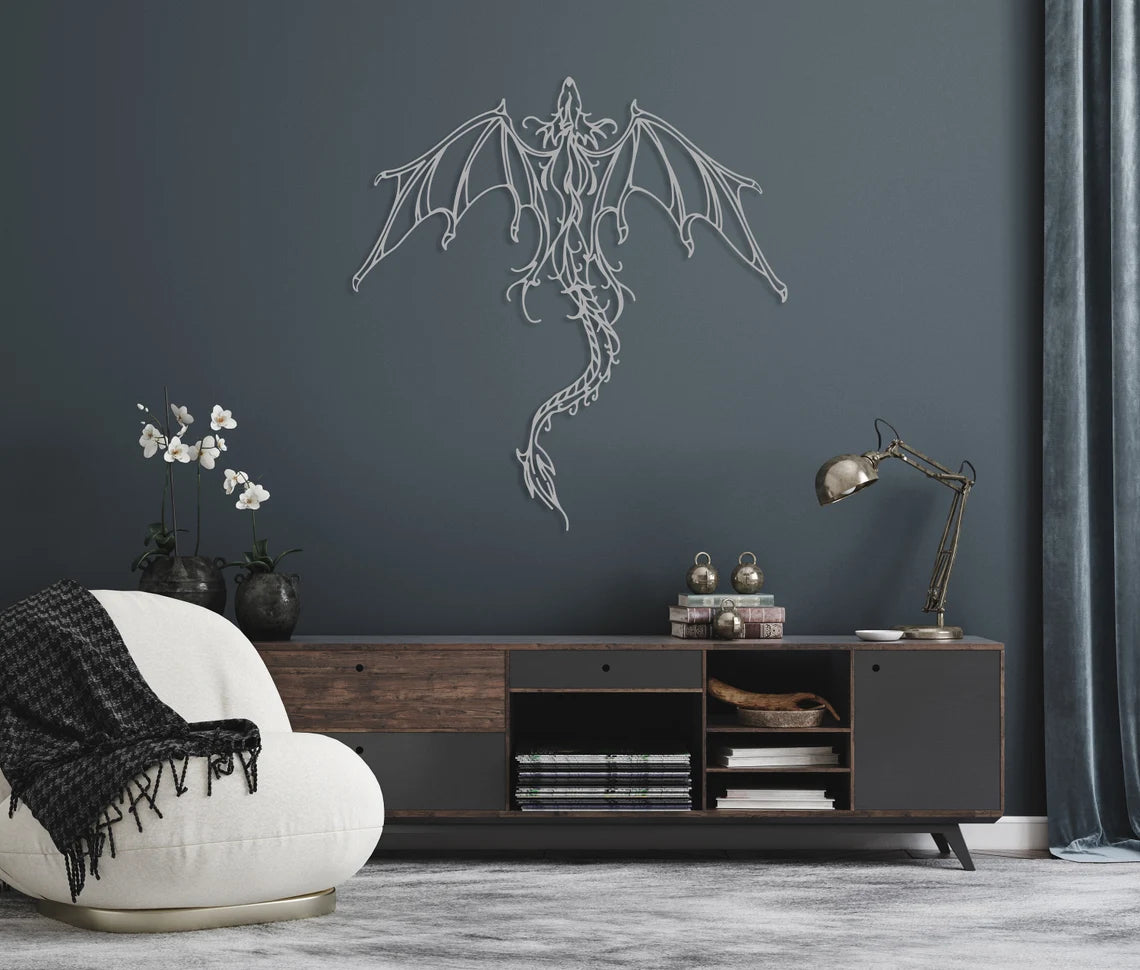 Betreed de wereld van legendes met onze adembenemende Draak Metalen Wandkunst!