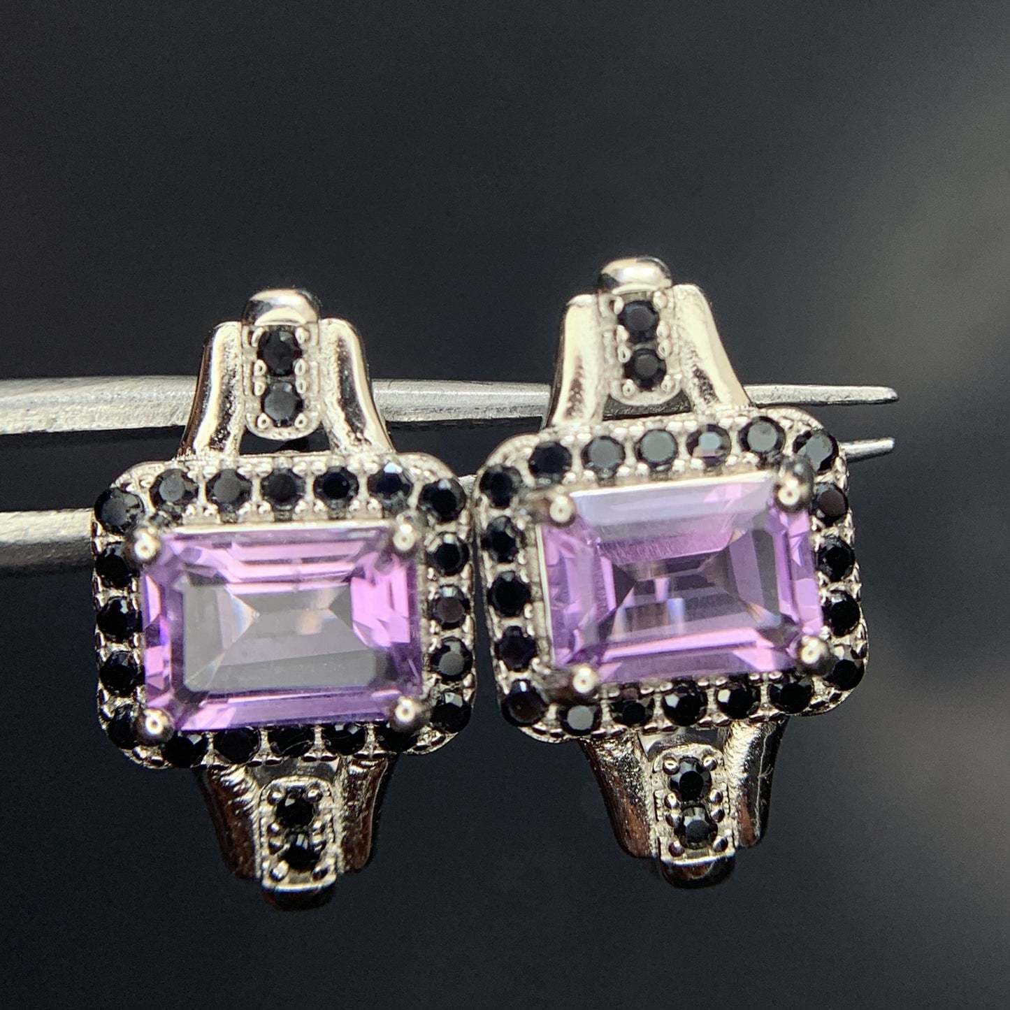 24.84CT Natural Amethyst with Spinel Ear Studs in 925 Silver|Rhodium Plated