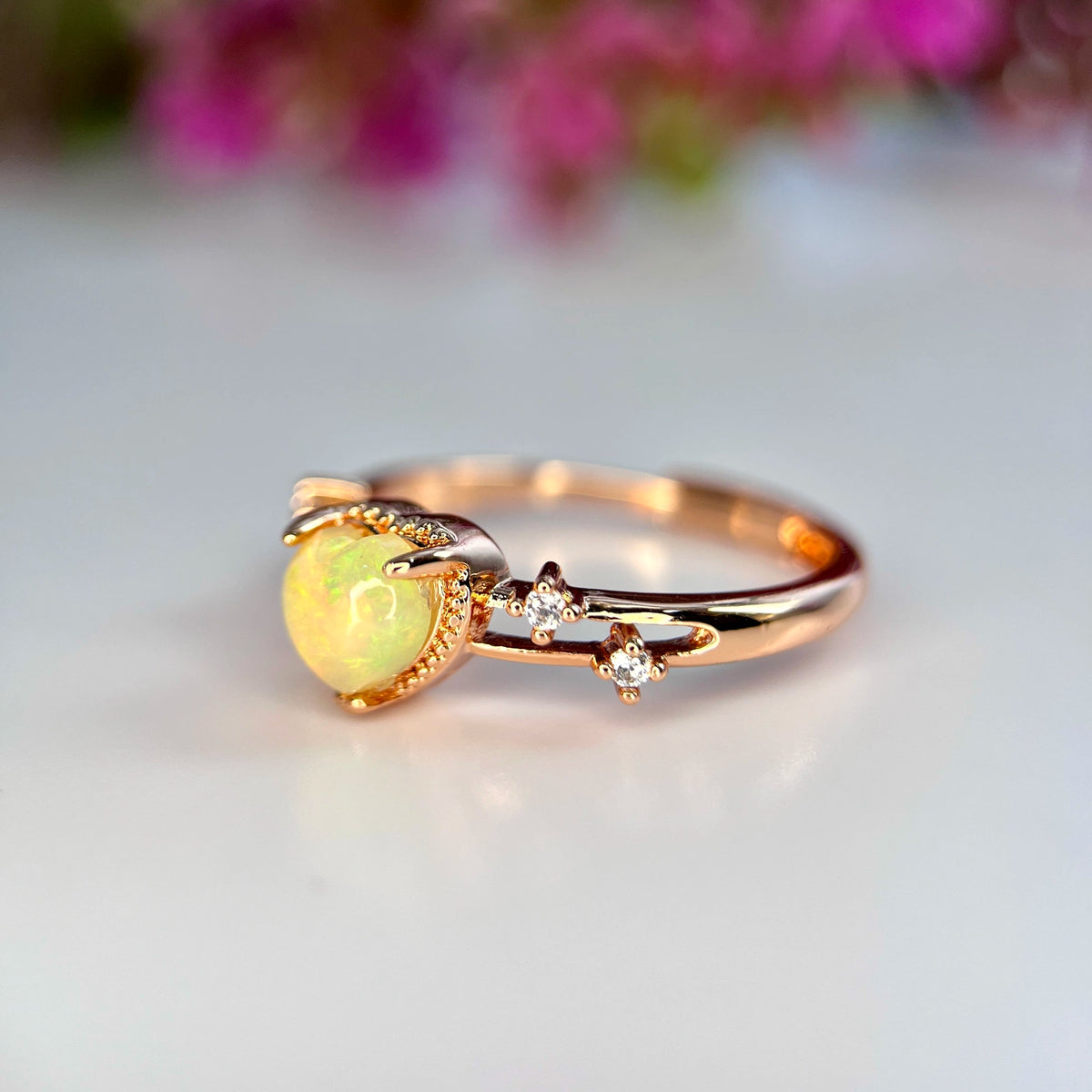 Natuurlijke Fire Opal Ring met Zirkonia – Rhodium Plated