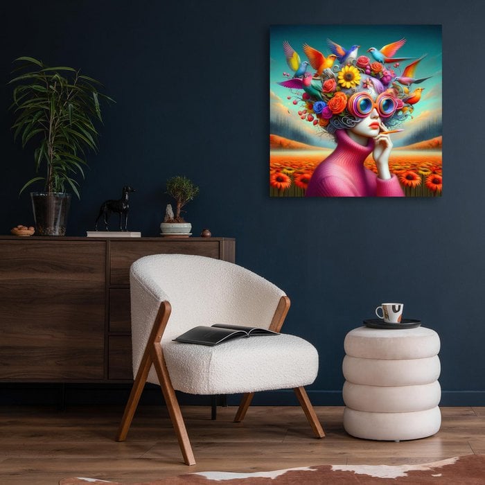 Prachtige Acrylglas Schilderij “Woman with Glasses II” – Vrouw met Bloemen & Vogels