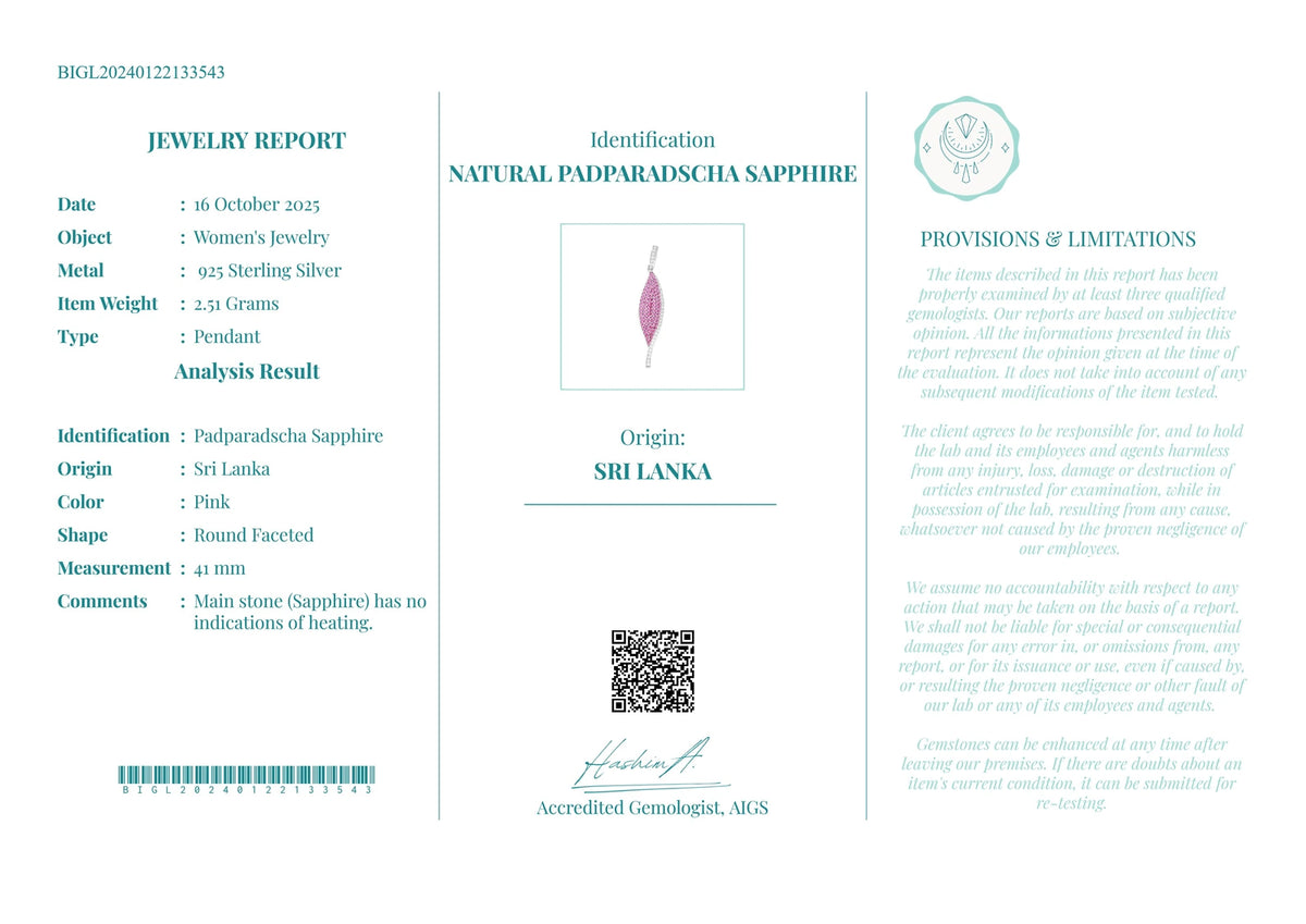 Gecertificeerde padparadscha-saffierhanger – 23.37 ct, 925 sterling zilver