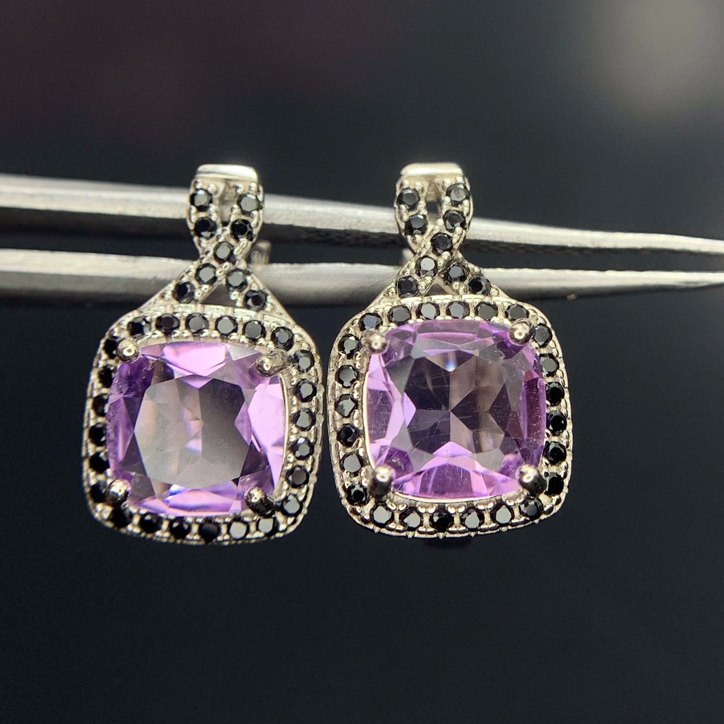23.12CT Natural Amethyst with Spinel Ear Studs in 925 Silver|Rhodium Plated