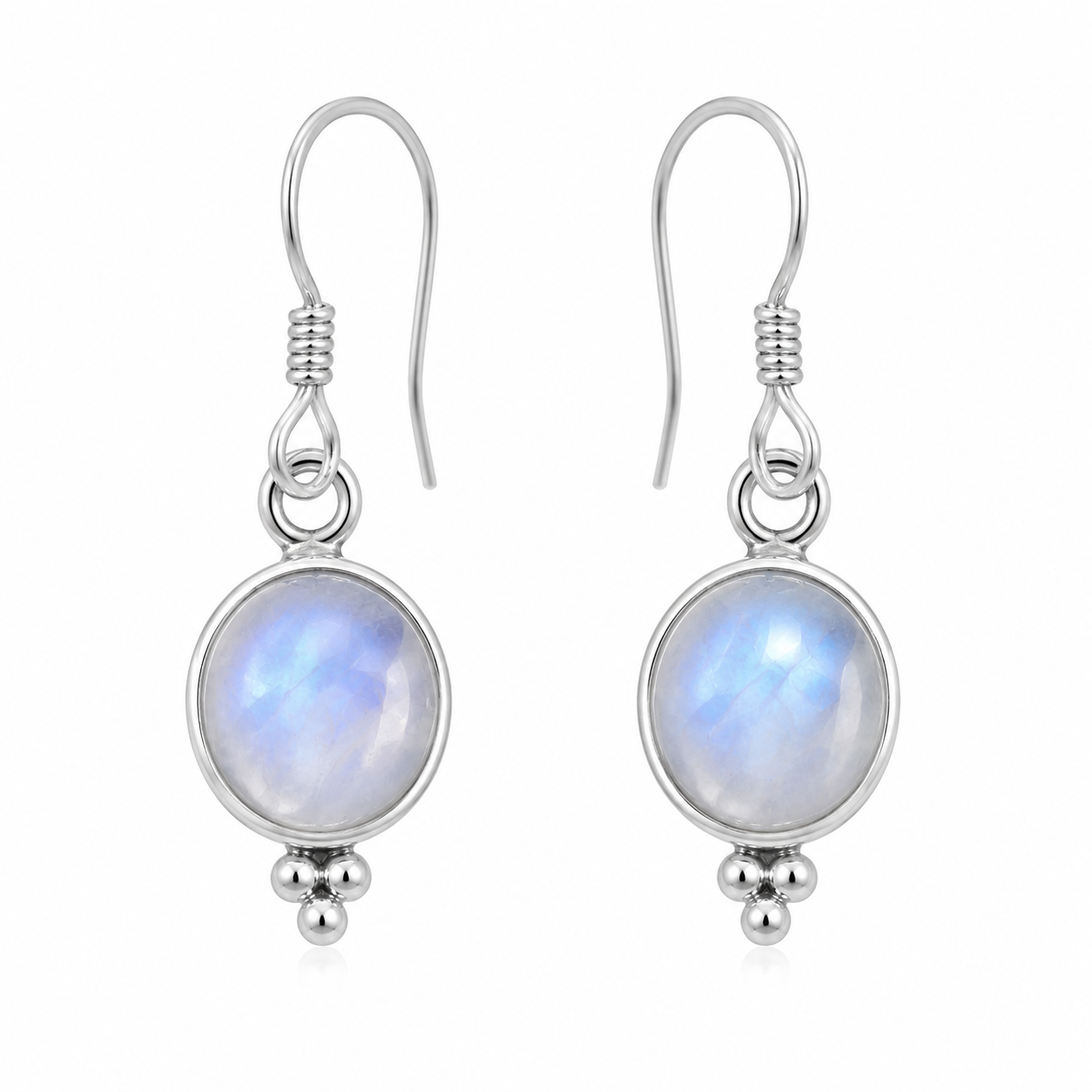 Oorbellen van 925 sterling zilver met ronde regenboogmaansteen