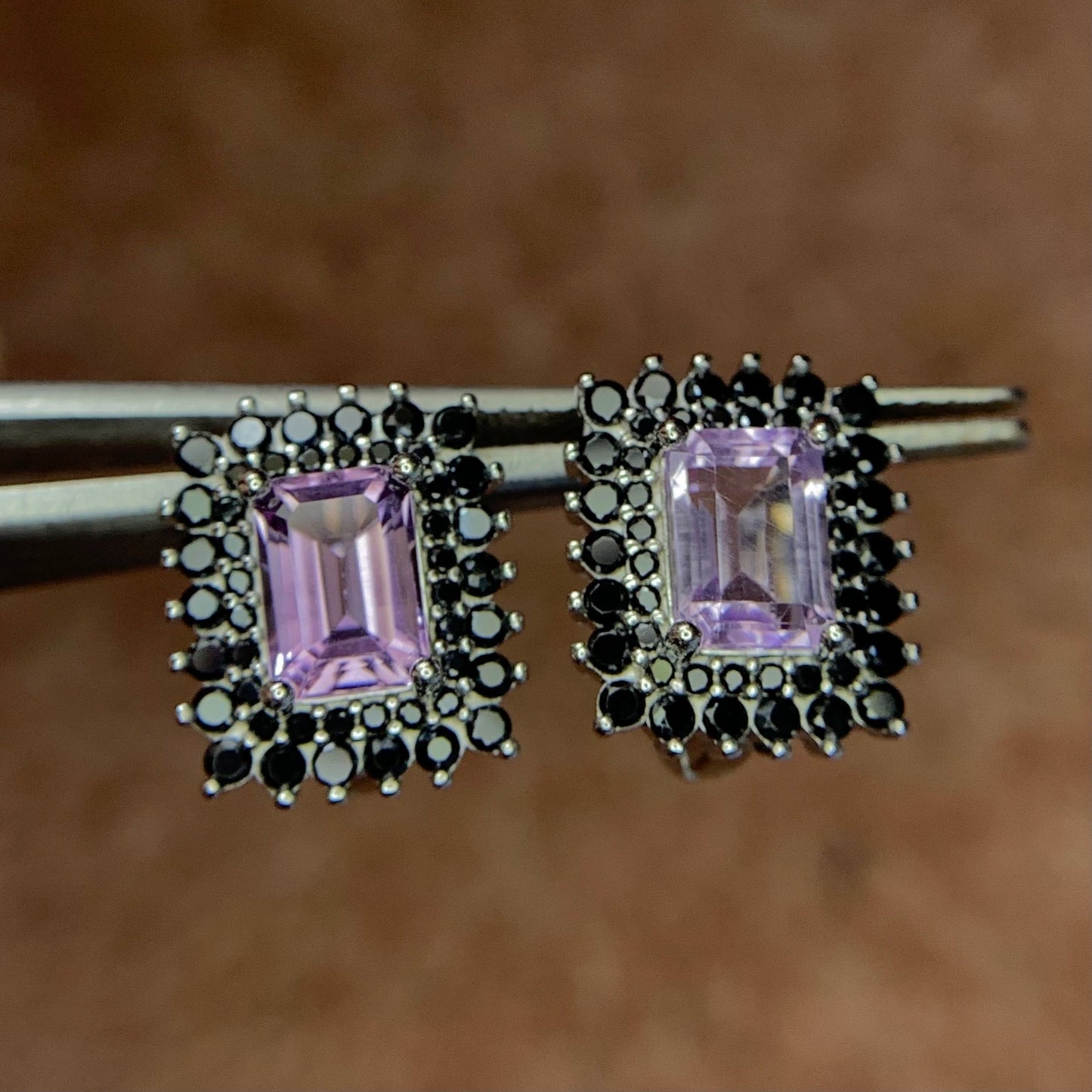 18.47CT Natural Amethyst with Spinel Ear Studs in 925 Silver with Rhodium