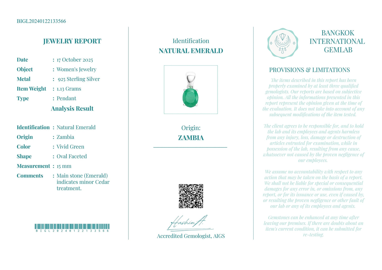 BIGL-gecertificeerde hanger van 925 sterling zilver met levendige groene natuurlijke smaragd