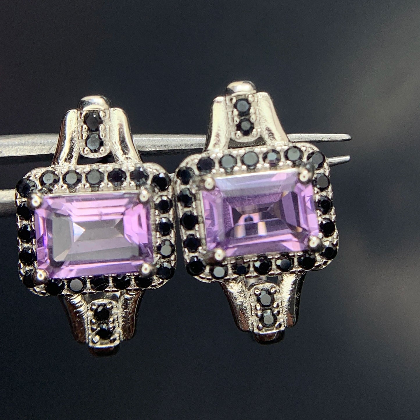 24.84CT Natural Amethyst with Spinel Ear Studs in 925 Silver|Rhodium Plated