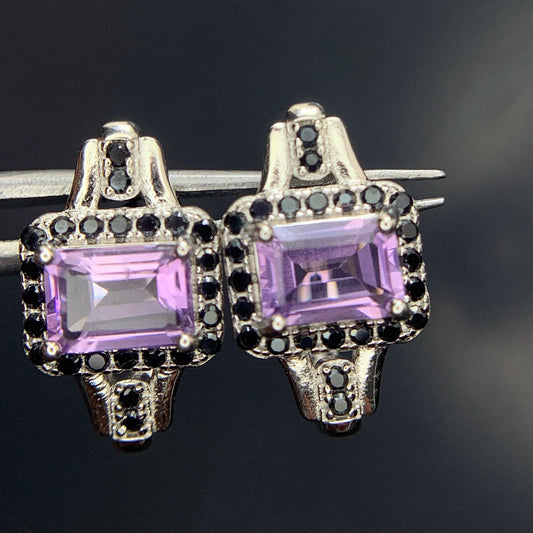 24.84CT Natural Amethyst with Spinel Ear Studs in 925 Silver|Rhodium Plated
