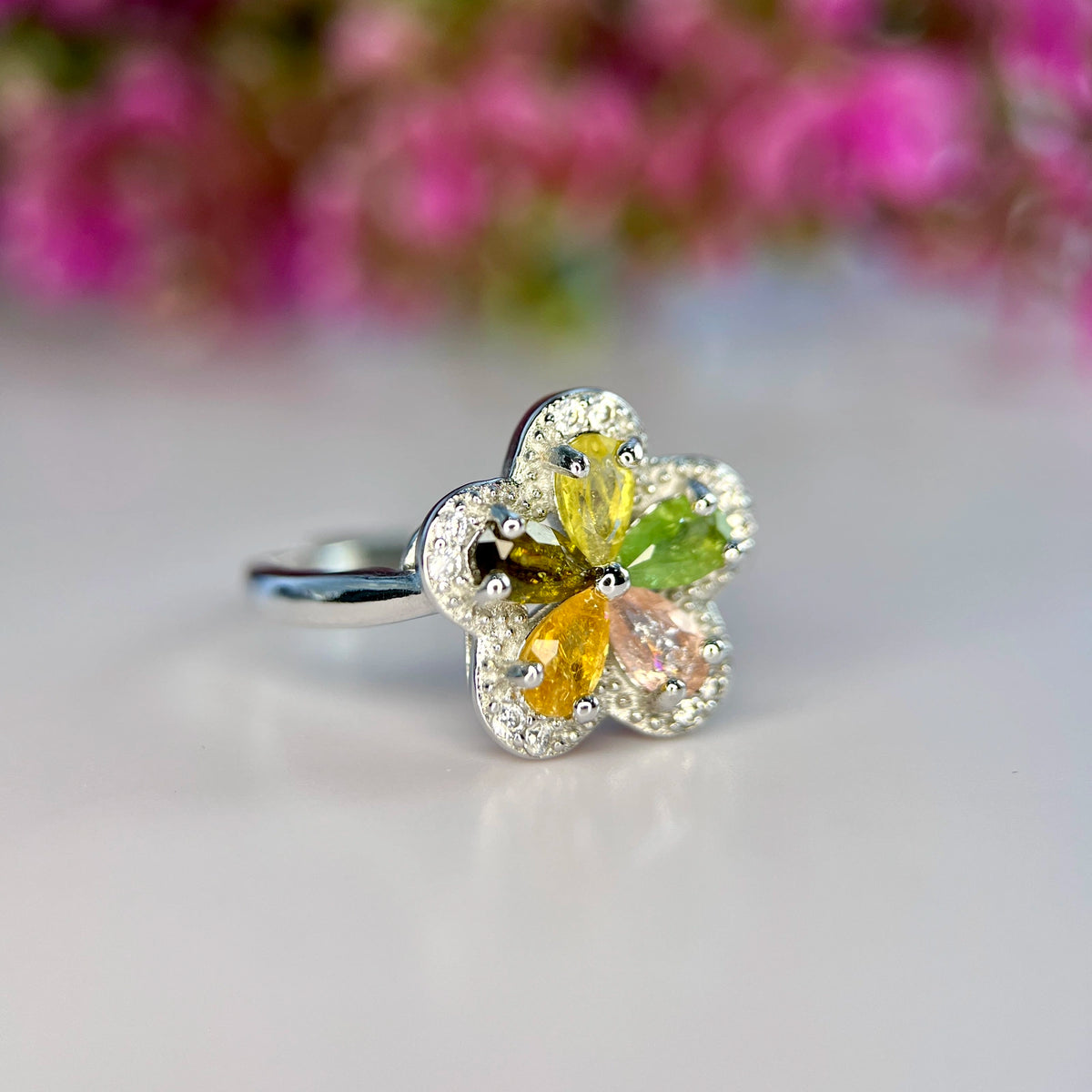 Natuurlijke Multi Tourmalijn Ring met Zirkonia – Rhodium Plated
