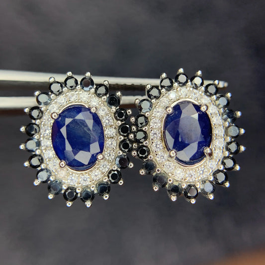 Natuurlijke Blauwe Saffier Oorstekers met Spinel – 925 Sterling Zilver – Rhodium Plated