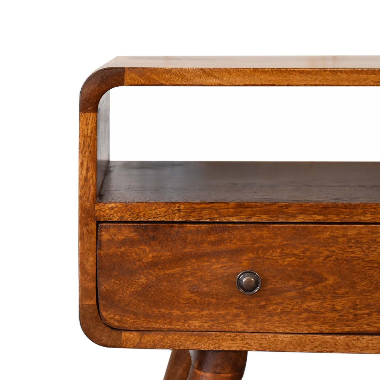 Handgemaakt – Mini TV-meubel – mangohout – kastanje – gebogen – 2 lades